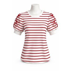 Fred David Striped Puff Sleeve Top Red White Cotton Blend S NWT